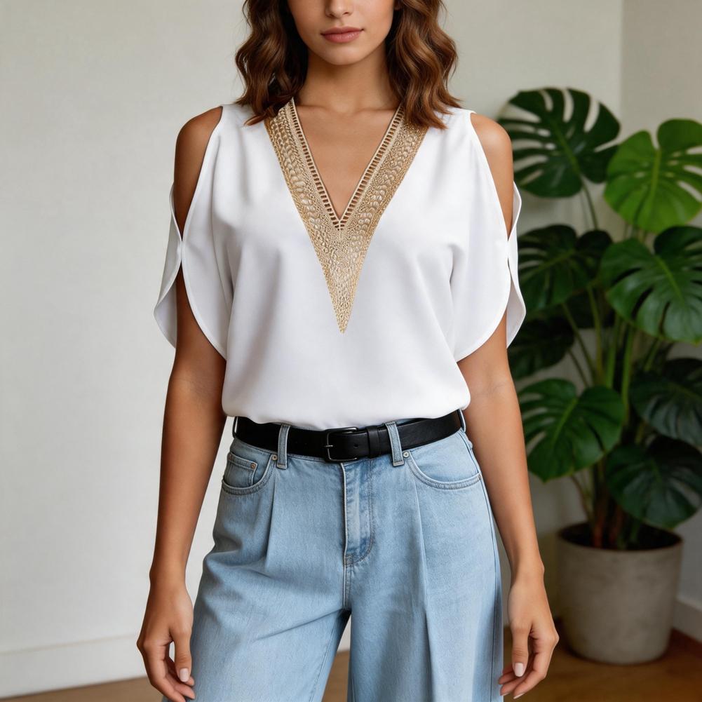Women V Neck Off Shoulder Short Sleeve Top XL