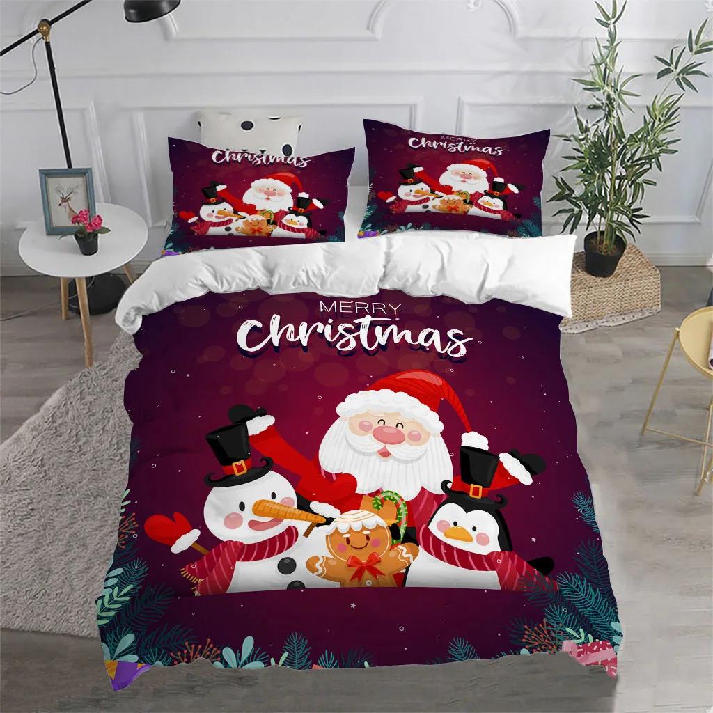 Merry Christmas King Queen Duvet Cover Red Cartoon Santa Bedding Set Kids Boys Girls Christmas Tree 2/3pcs Polyester Quilt Cover
