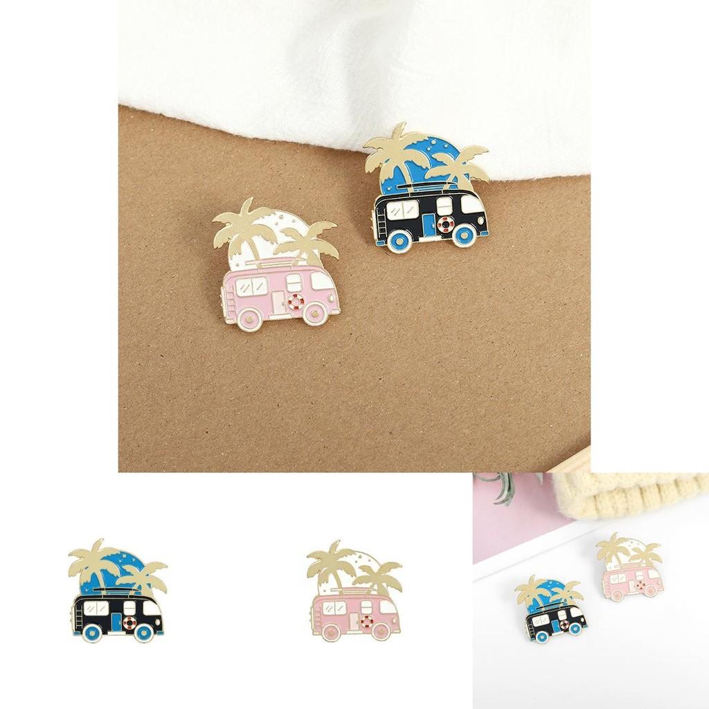 Creative Minimalist Design Mini Rv Shaped Brooch Unique Coconut Tree Pin Accessory