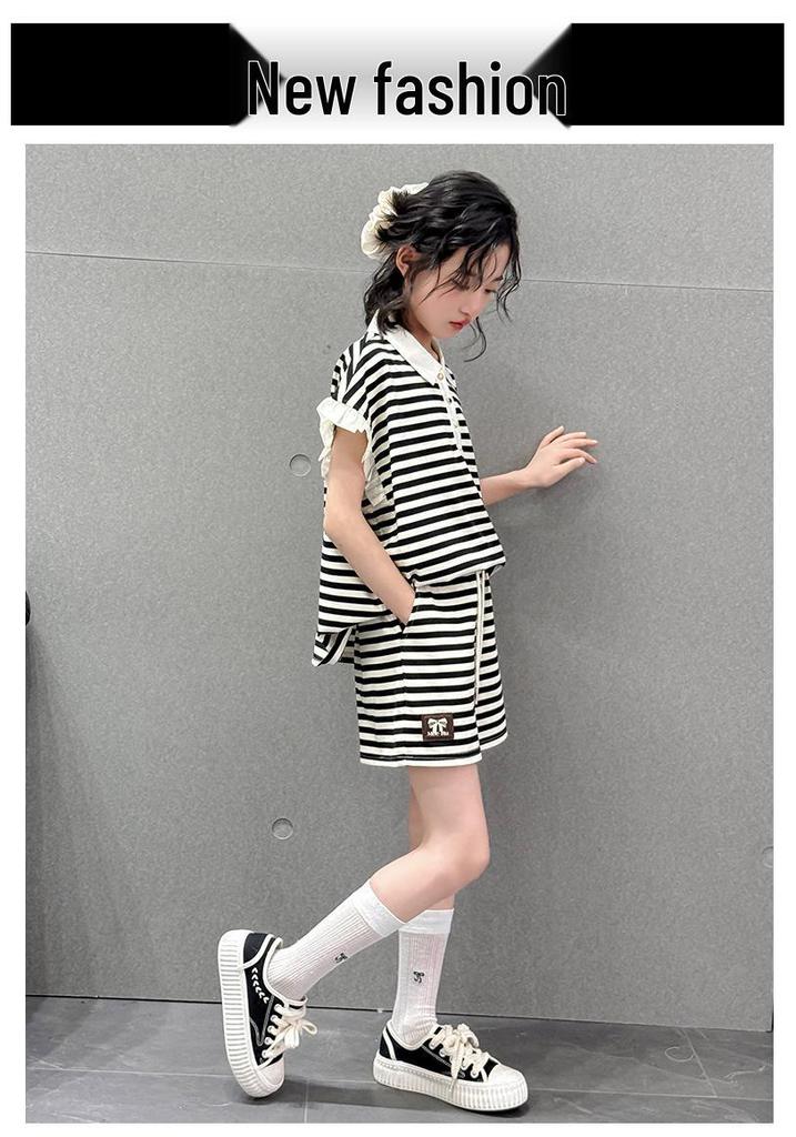Girls' Trendy Striped POLO Shirt & Shorts Set - Casual Summer Style