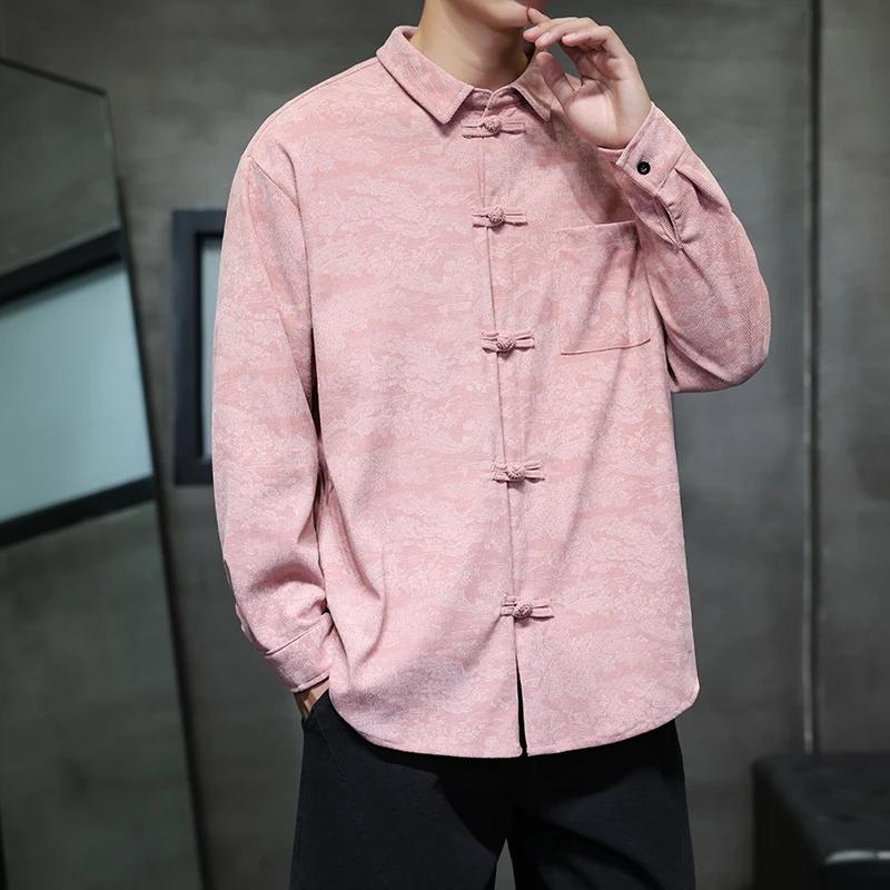 Camicia da uomo a maniche lunghe primaverile Camicie da uomo stile cinese Camicie da uomo monopetto con colletto quadrato Top vintage da uomo con ricamo