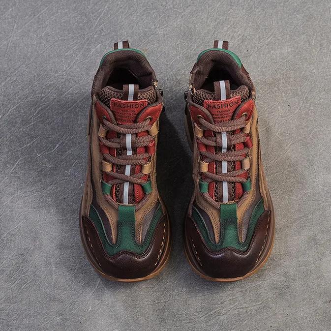 Johnature Mixed Colors Retro Thick Soled Lace Up Short Boots Genuine Leather Casual Commuting Women's Shoes