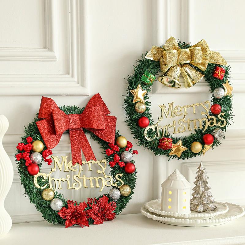 Christmas Wreath Front Door Hanging Ornaments Artificial Wreath Bell Gift Bow Stars For Christmas Tree Home Windows Decor