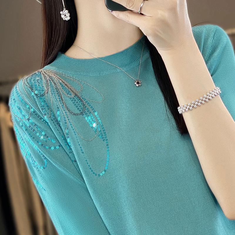 Dámské letní tričko s krátkým rukávem 50% směs morušového hedvábí a polyesteru | Lehký, prodyšný, ležérní top Slim Fit