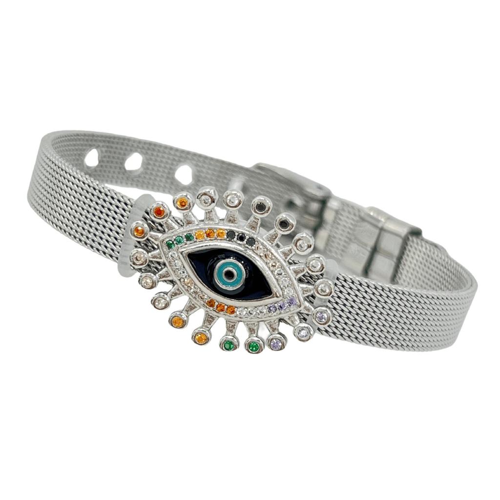 Stainless Steel Watch Band with Devil's Eye Zircon Bracelet - Stylish European and American Fashion Jewelry
