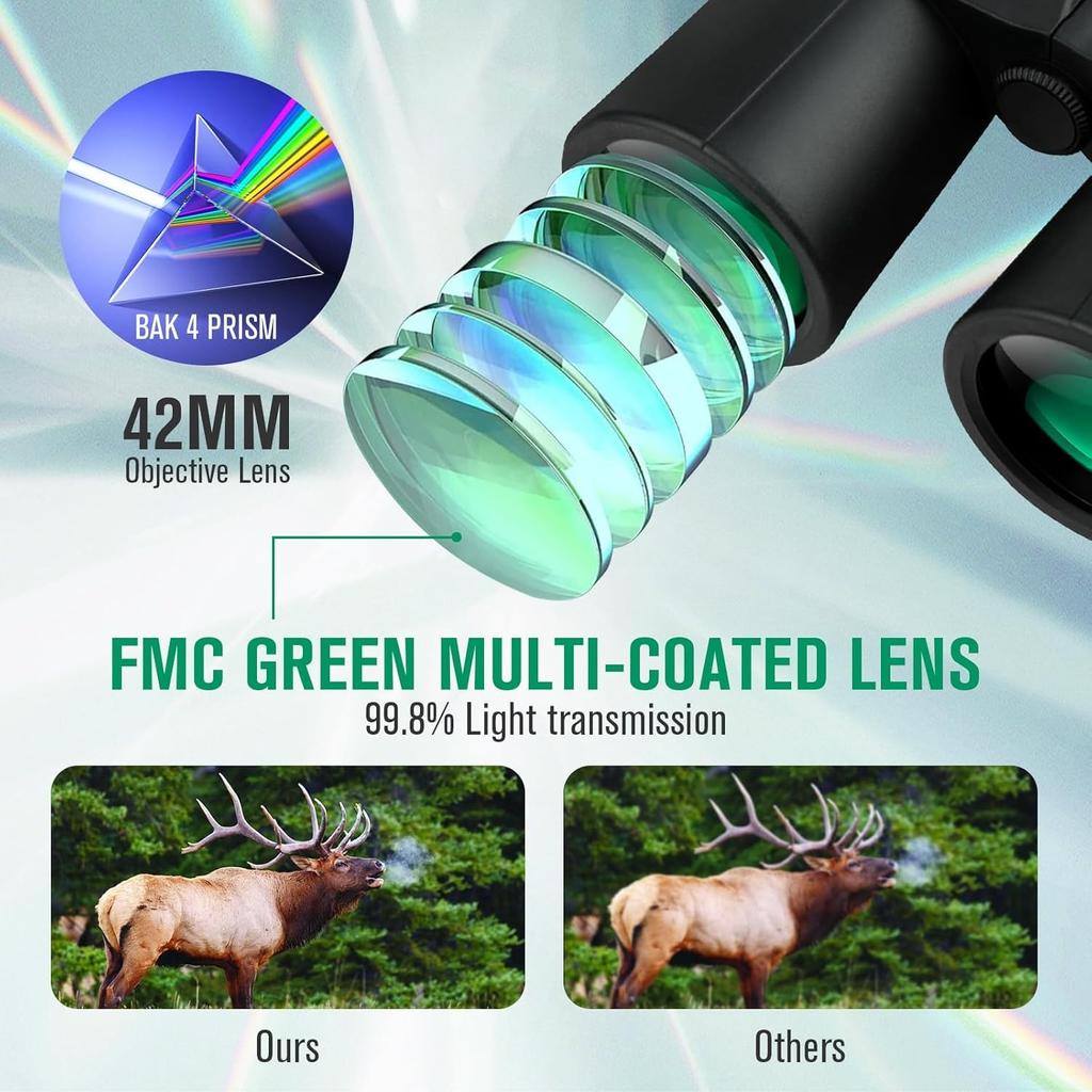 12x42 Binoculars for Adults High Power with Universal Phone Adapter,Compact Waterproof Binoculars with Low Light Vision for Bird Watching, Hunting,
