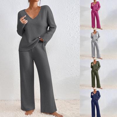 2025 Autumn and Winter Solid Color Long Sleeve V-Neck Knitted Striped Brushed Casual Set