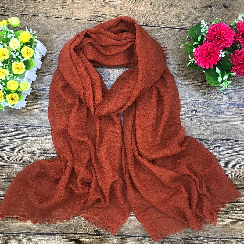 

Мятый и бахромчатый шарф из хлопка и льна, универсальный для женщин на осень и зиму, однотонный платок для головы, шелковый шарф, шаль, женский шарф 180 * 90cm