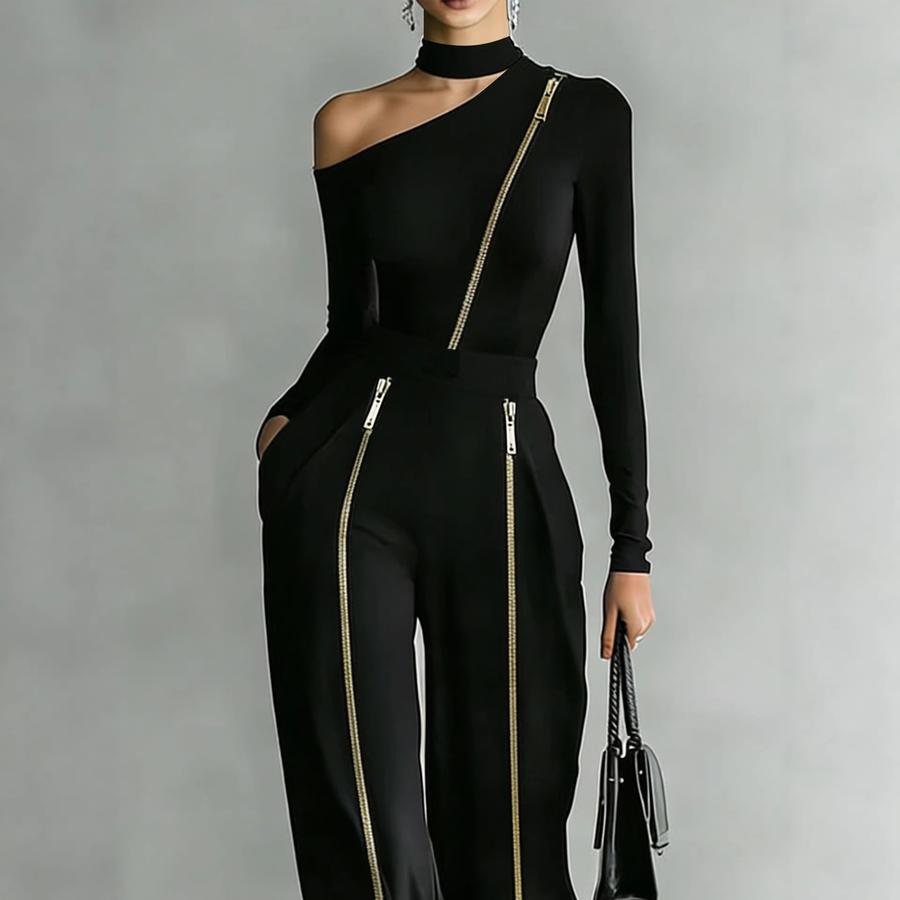 Women's Two-Zippered Pants with Long Sleeve Top Fashion Set