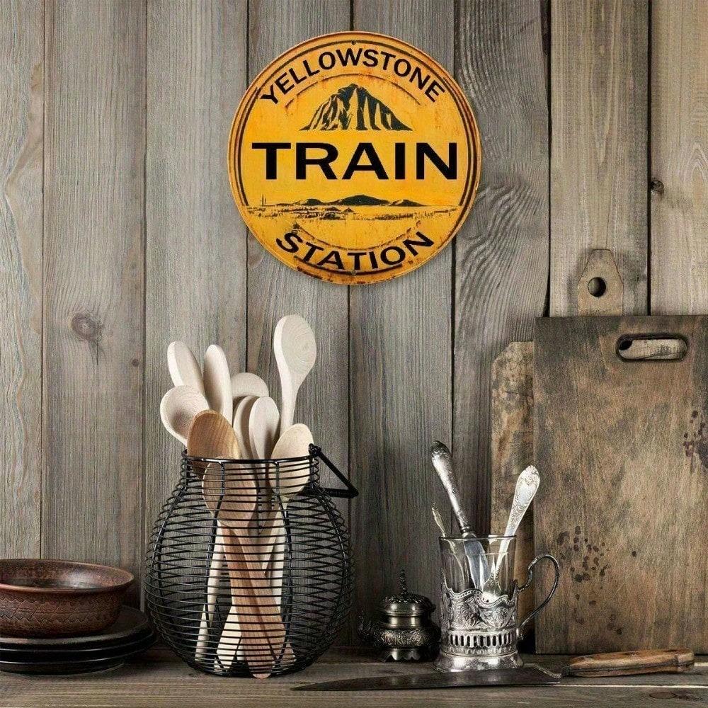 Vintage Round Metal Wall Art, Rustic Yellowstone Train Station Aluminum Sign, Mountain Landscape Decor for Home