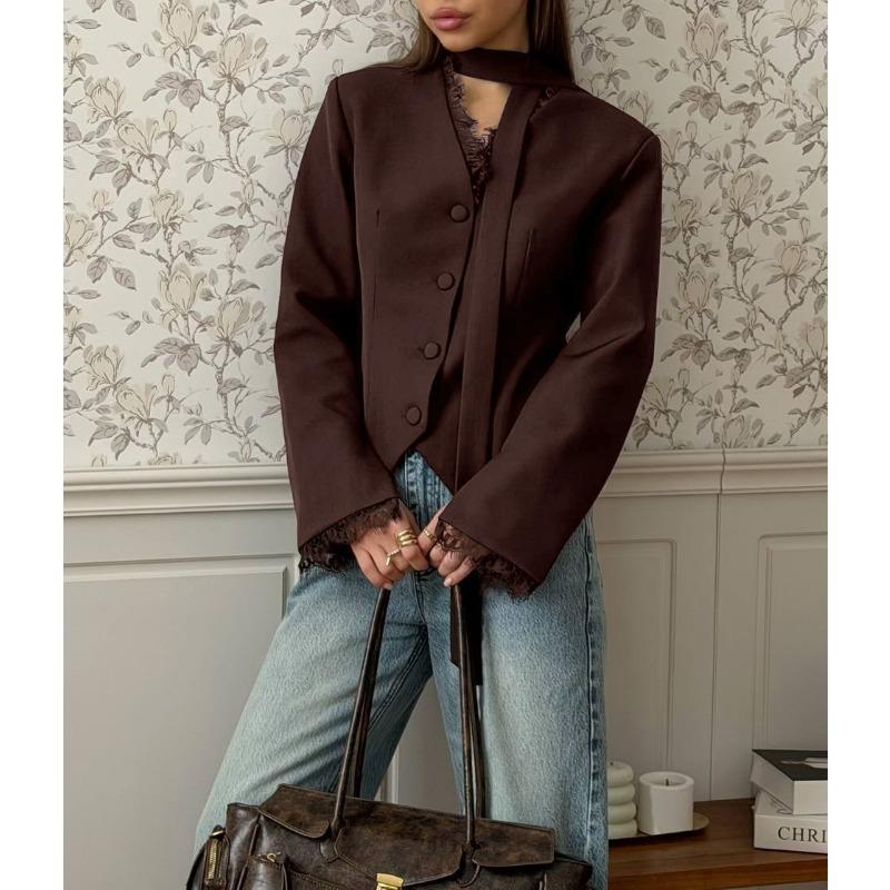 Elegant Lace V Neck Waist Cinched Slim Fit Women Blazer Outerwear