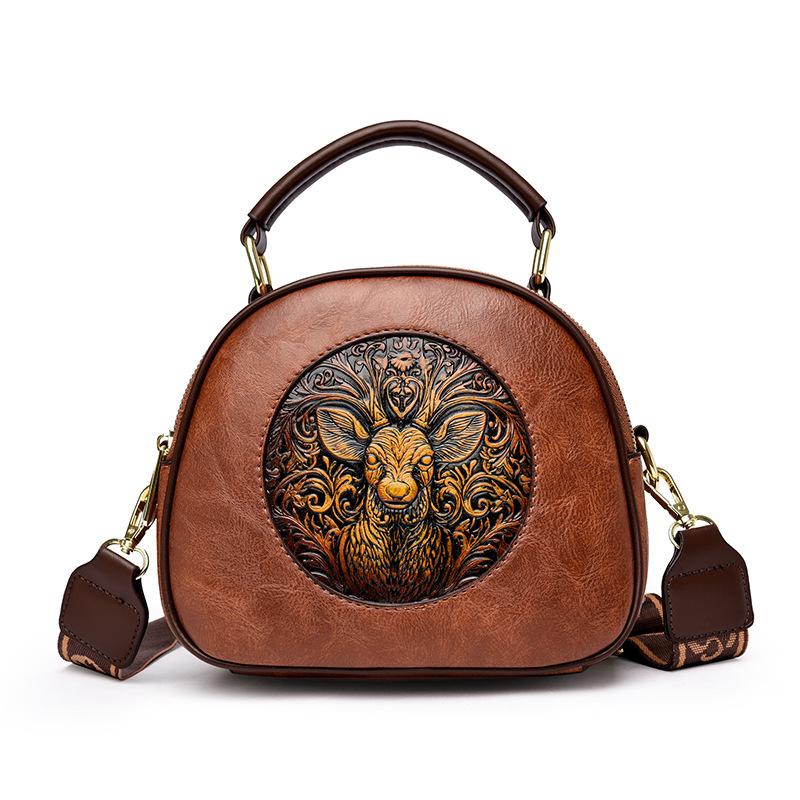 Exquisite Hand-Tooled PU Bag with Deer Design – Vintage-Inspired Crossbody and Top-Handle Bag for Women