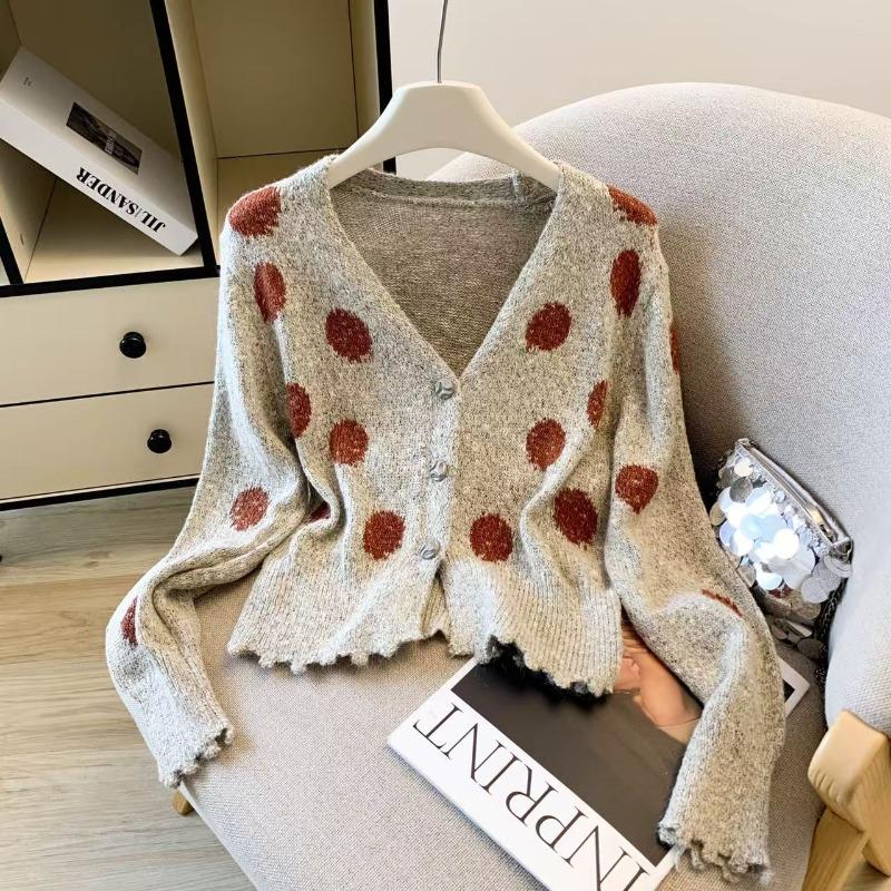 

Vintage polka dot women s clothing autumn new small lazy wind long-sleeved neck cardigan sweater top L абрикосовый