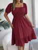 Spring Summer Casual Short Sleeve Ruched High Waist A-Line Skirt for Women