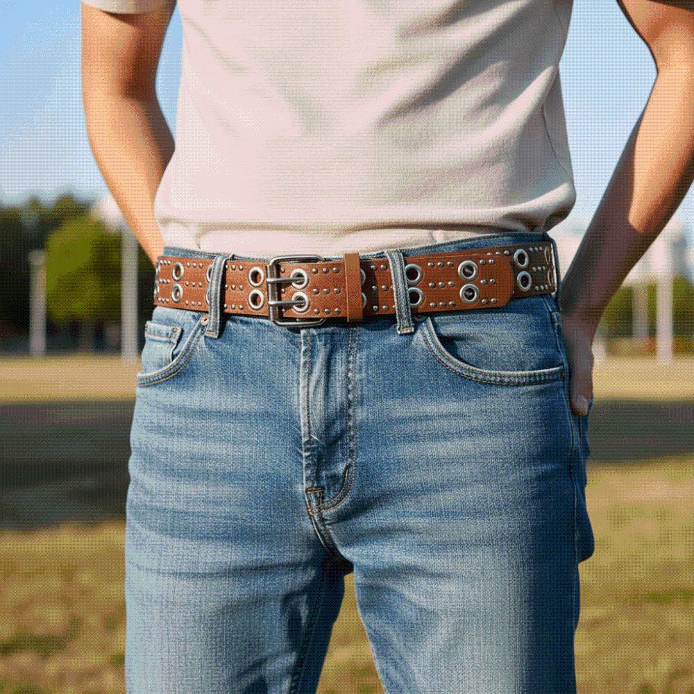 Personalized Design Hollow Rivet Belt Double Row Needle Buckle Black Leather Waistbands for Gift