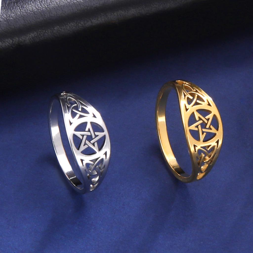LIKGREAT Gothic Celtics Knot Pentagram Ring Women Men Stainless Steel Supernatural Wicca Amulet Rings Couple Witch Jewelry Gifts