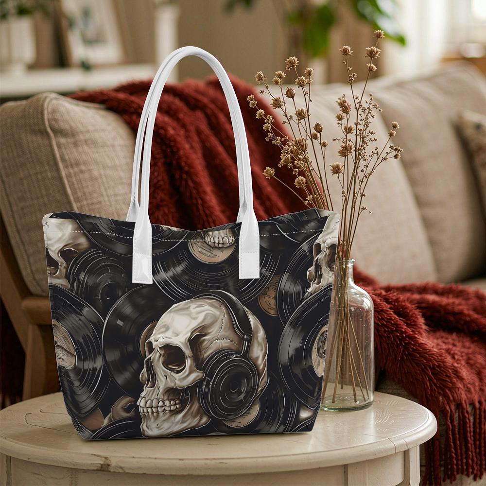 Gothic Skull Music Pattern Casual Tote Bag Stylish Daily Carry Handbag for Streetwear