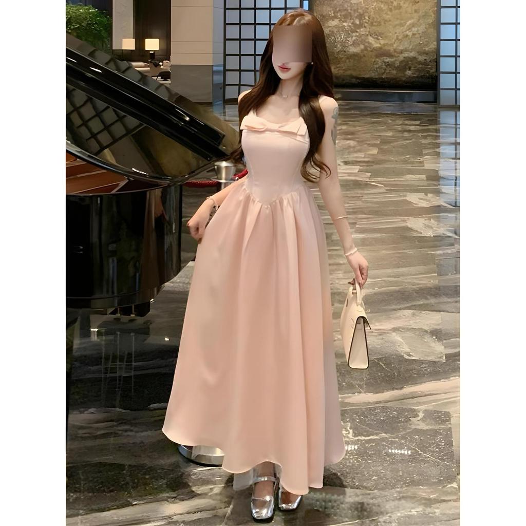Girly style wear pink bow suspender dress gentle and versatile temperament waist birthday dress dress new