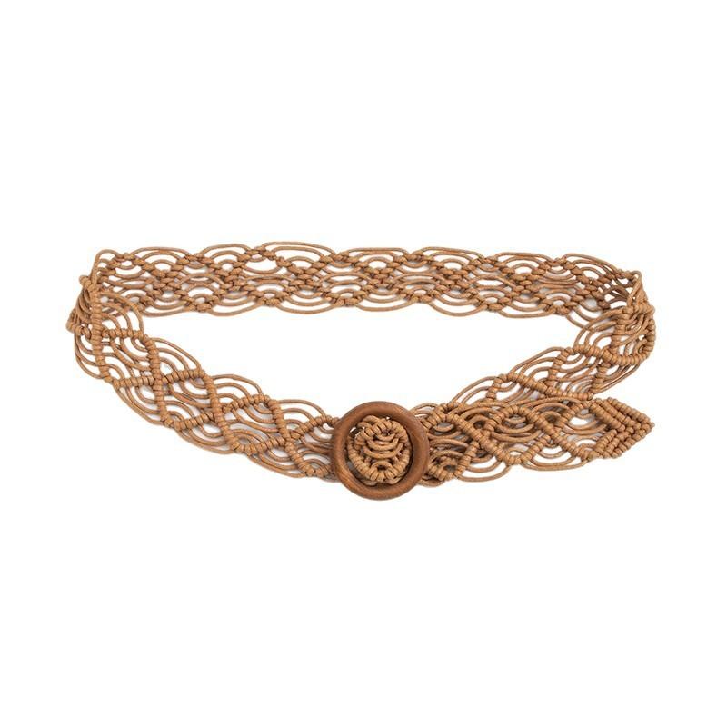 Bohemian Style Woven Waist Belt With Wooden Buckle Handmade Cotton Linen For Casual Summer Wear