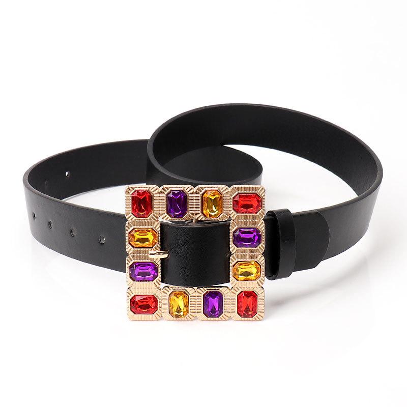 

Новая модная цветная квадратная пряжка с бриллиантами, женский универсальный декоративный ремень для юбки и брюк, европейский и американский стиль, нишевый женский ремень чёрный