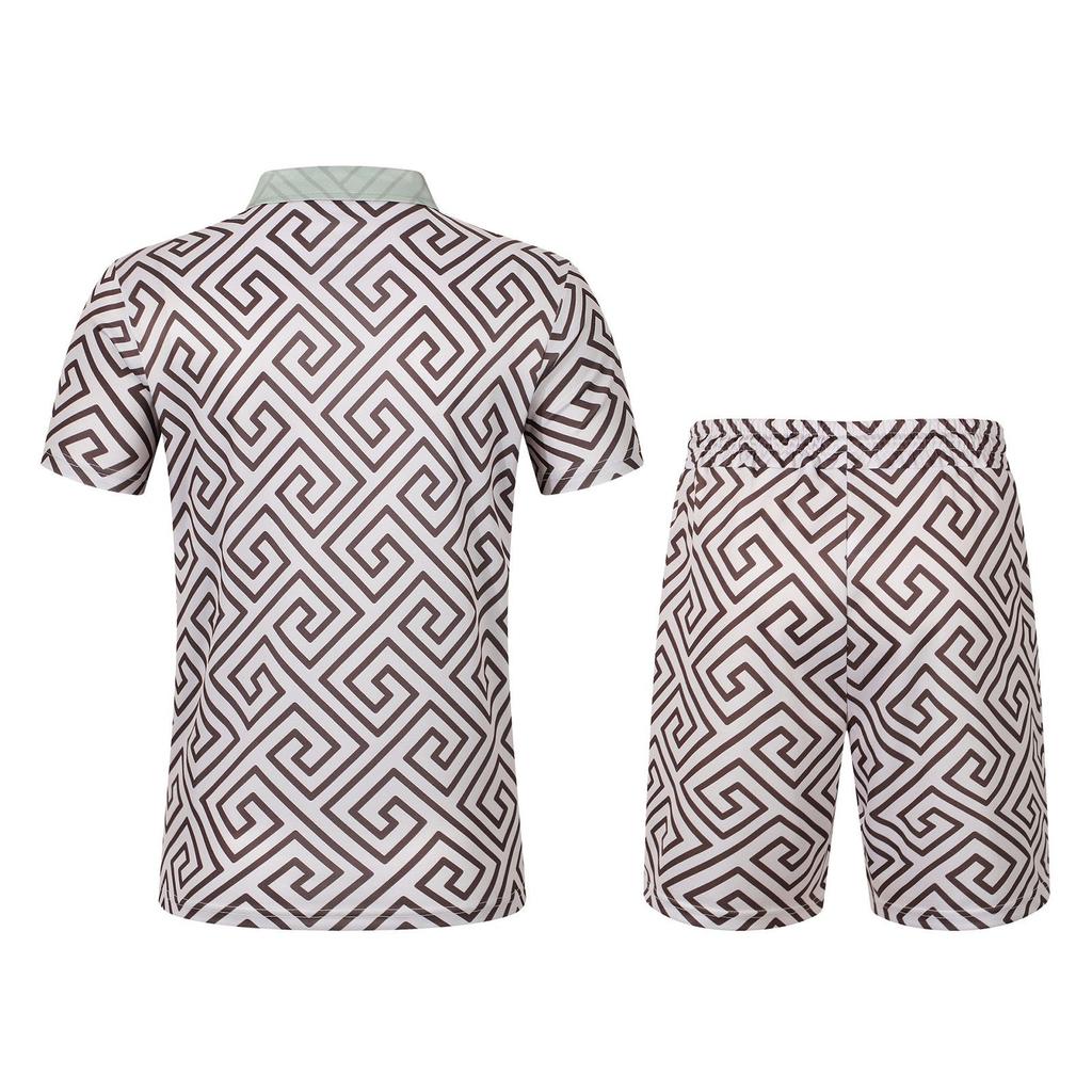 Men's Summer Printed Zipper Lapel Short Sleeve Top Shorts Suit Men's Casual Sports Suit