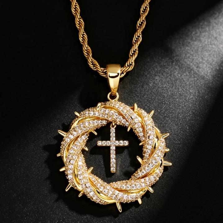 Explosive Copper Set Zircon Thorn Crown Cross Hip Hop Necklace Personalized Trendy Jewelry Accessories
