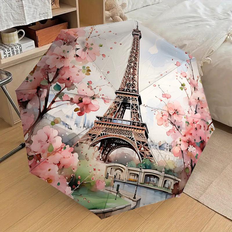 1PC Eiffel Tower, Cherry Blossoms Umbrella-8-Rib Reinforced, Automatic Open, Lightweight & Durable, Cute Fashion Accessory for Outdoor, Beach, or Casu