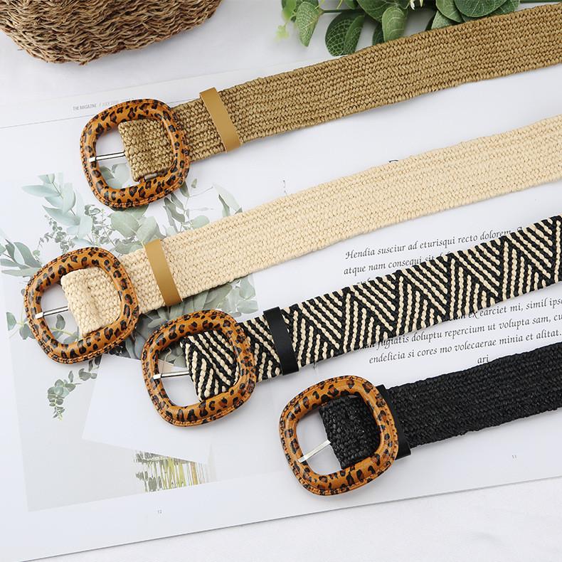 Fashion Leopard Print Buckle Decoration Women Casual Woven Waist Belt For Beach And Summer Wear