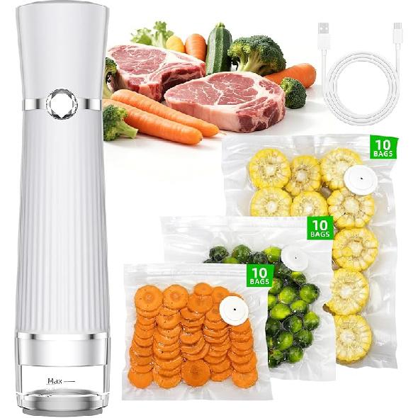 Vacuum Sealer for Food, Handheld Saver Compact Vacuum Sealer Machine with 30 Reusable Bags for 10X Preservation & Fresh белый