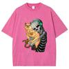 Cartoon Skull Hugging Cat Print Washed Women's T-Shirt Cotton Comfortable and Breathable Black Short Sleeve Loose Top