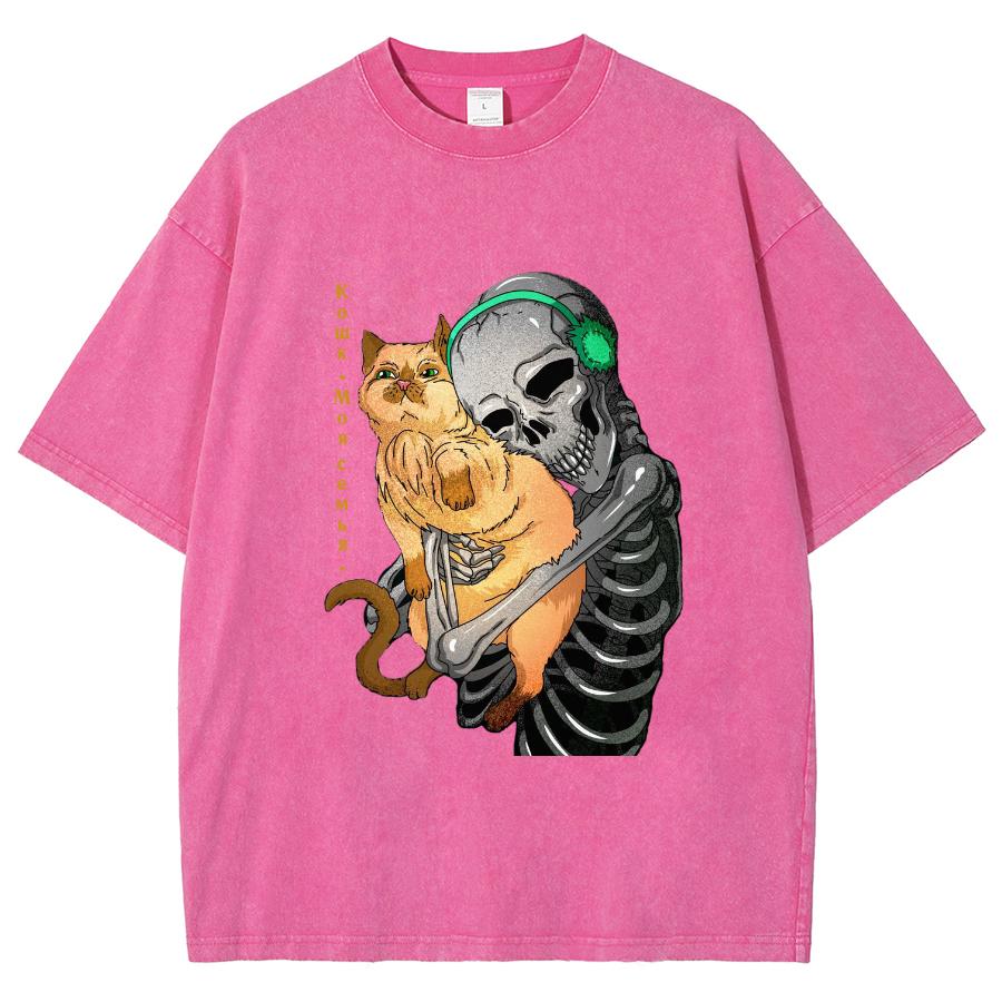 Cartoon Skull Hugging Cat Print Washed Women's T-Shirt Cotton Comfortable and Breathable Black Short Sleeve Loose Top