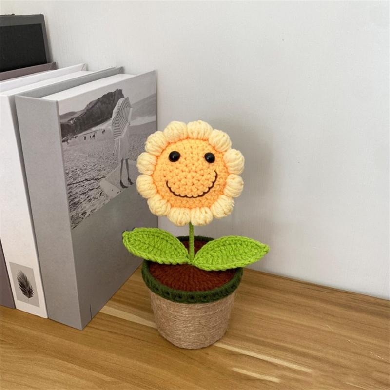Gehäkeltes Lachendes Sonnenblumen-Topf-Ornament mit LED-Licht Handgefertigte Dekorationen für Innenbereich Schreibtisch Partys Veranstaltungen Geschenk