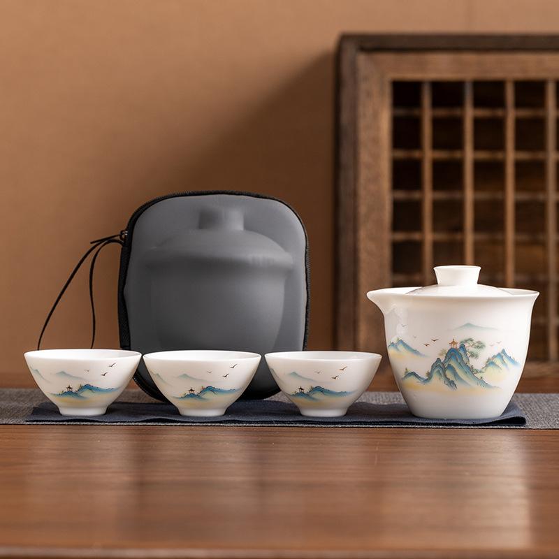 Suet jade porcelain high-end travel tea set, a pot of three cups, portable set, light luxury business commemorative holiday gifts