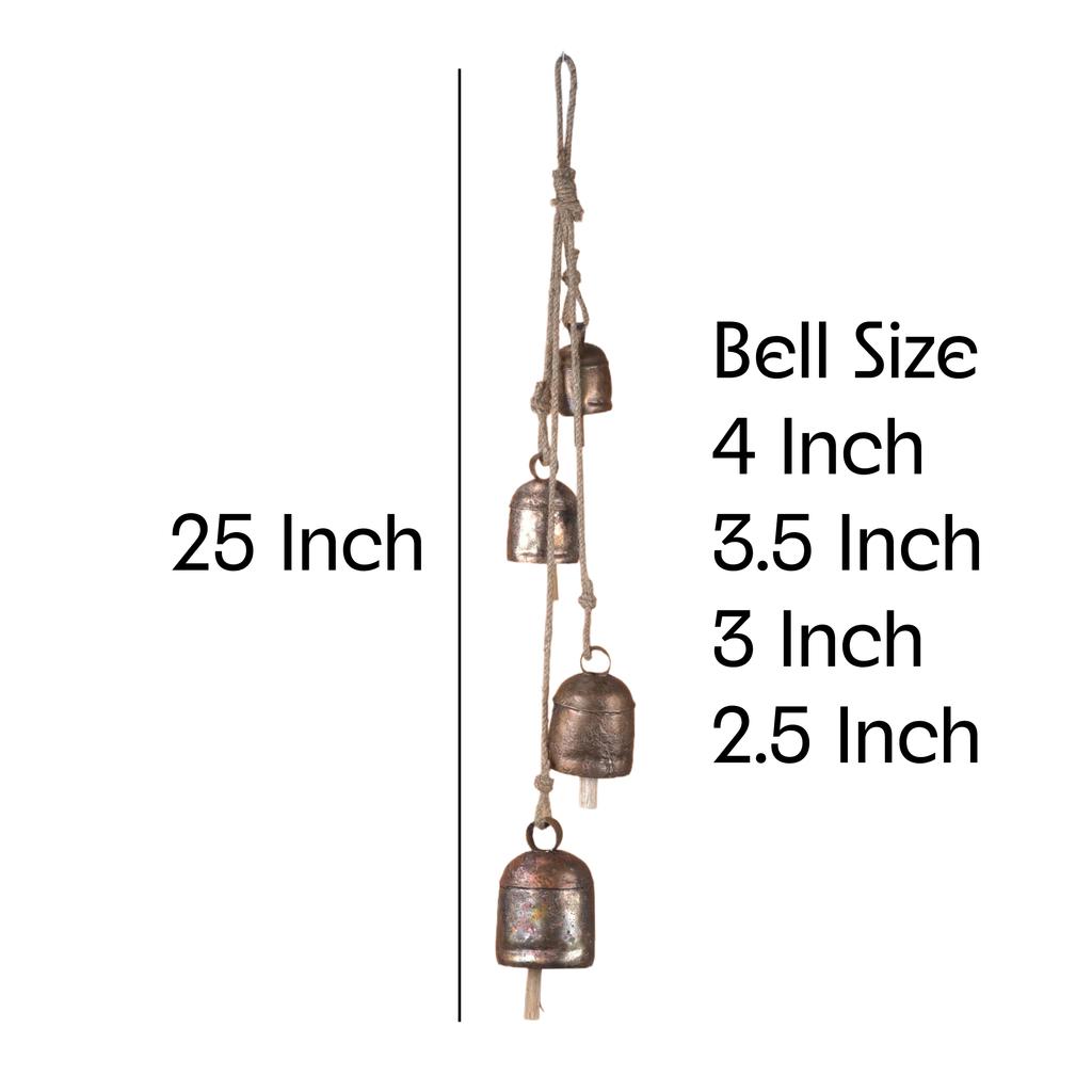 Handmade Rustic Gold Wind Chimes for Outside Garden, 4 Indian Bells with Jute Rope for Patio Decor and Meditation Spaces
