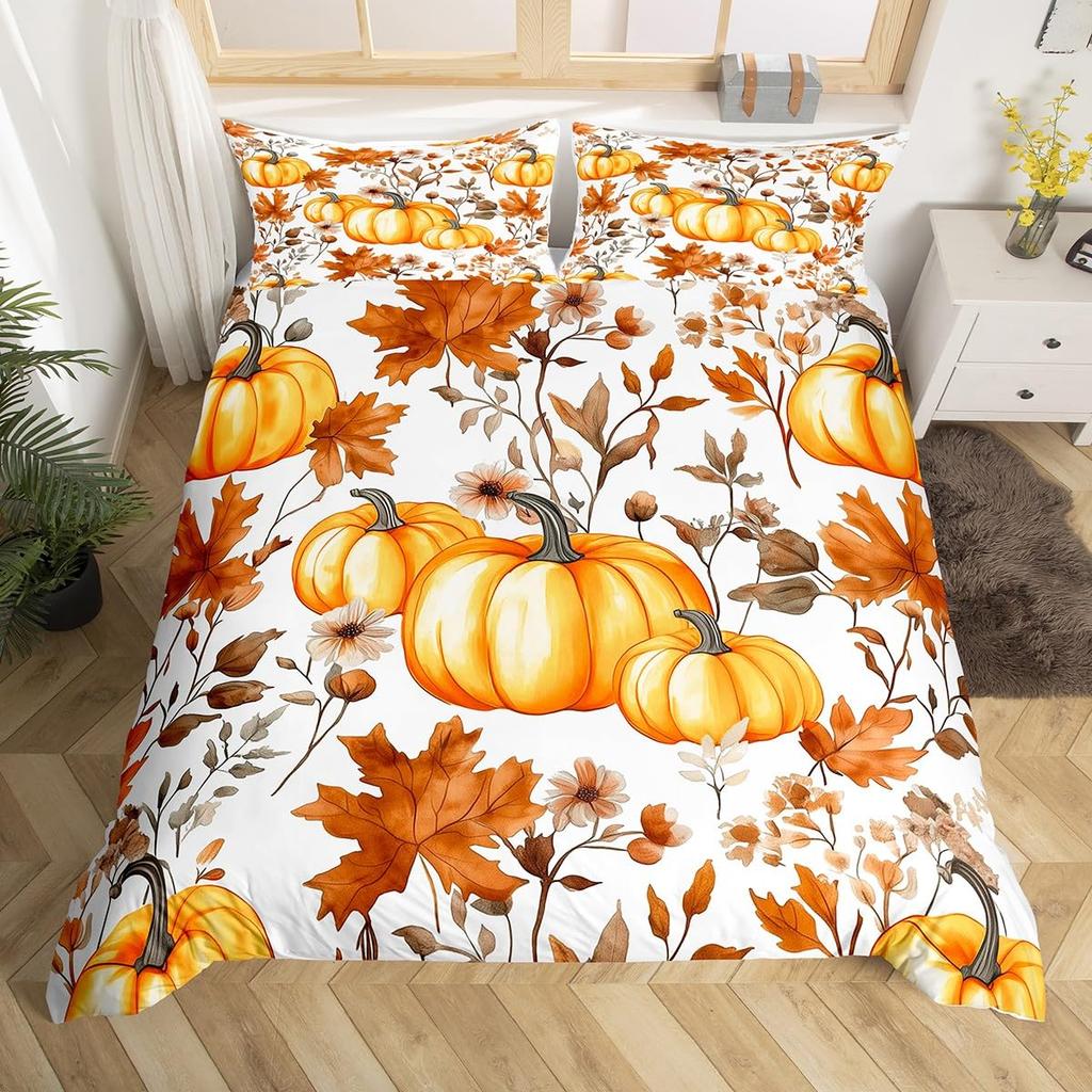 Autumn Pumpkin Soft Duvet Cover Ful Quen Fal Leaves Boho Floral Beding Set Farmhouse Harvest Home Decor,Thanksgiving Comfortable Quilt Cover