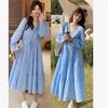 2026 Spring Blue Romantic Chic French Plaid Long Sleeve Maternity Dress