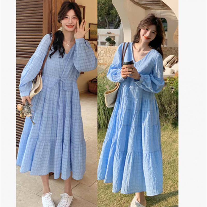2026 Spring Blue Romantic Chic French Plaid Long Sleeve Maternity Dress XL
