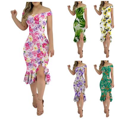Women's Sexy Loose Plain Off Shoulder Open Back Slit Ruffle Back Zipper Midi Dress Party Dress Cocktail Dresses