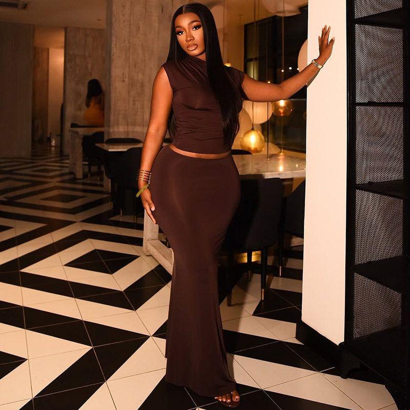 

Amazon New Summer Fashion European and American Style Women s Clothing Solid Color Asymmetrical Neck Crop Top High-Waisted Bodycon Skirt Set Dark brown S
