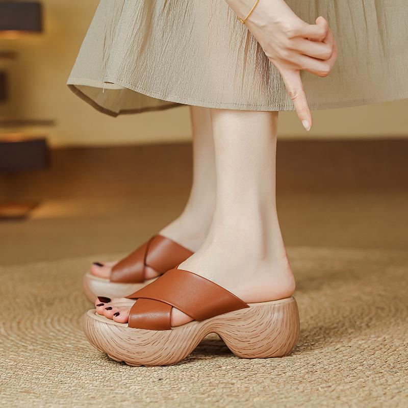 Wood Grain Thick Heel Thick Sole Cross with Slippers Women's Summer New Holiday Slope Heel Waterproof Table Soft Sole Roman Sandals