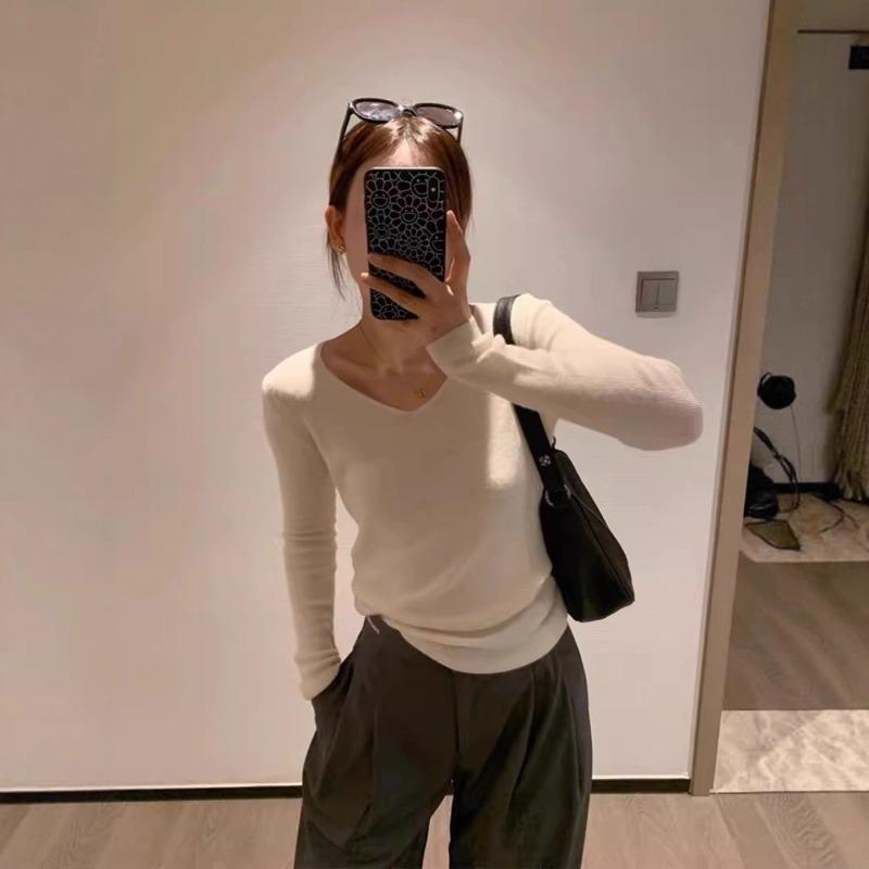 White sweater women's bottoming shirt spring, autumn and winter new v-neck versatile slim-fitting and thin inner long-sleeved knitted sweater top