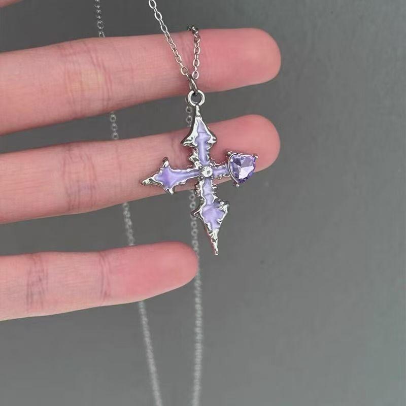 Dark Fantasy Purple Heart Cross Necklace With Alloy Pendant For Fashionable Women