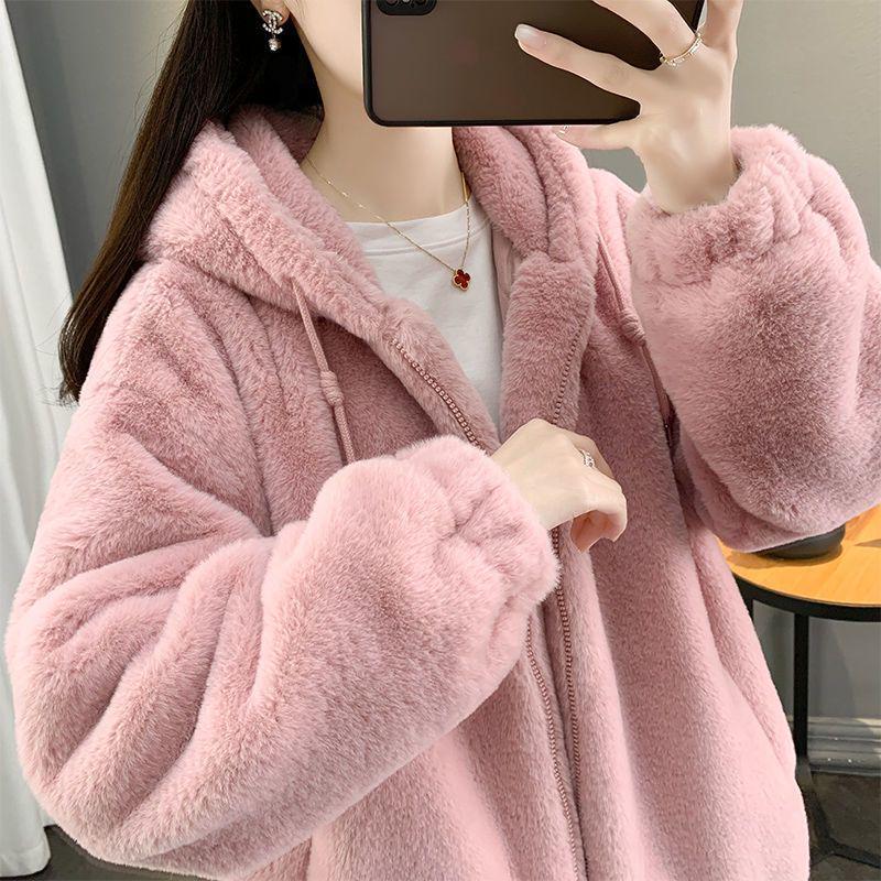 2025 Winter Women's Hooded Faux Fur Coat - Mid-Length, Loose, Thickened Imitation Rabbit & Lambswool
