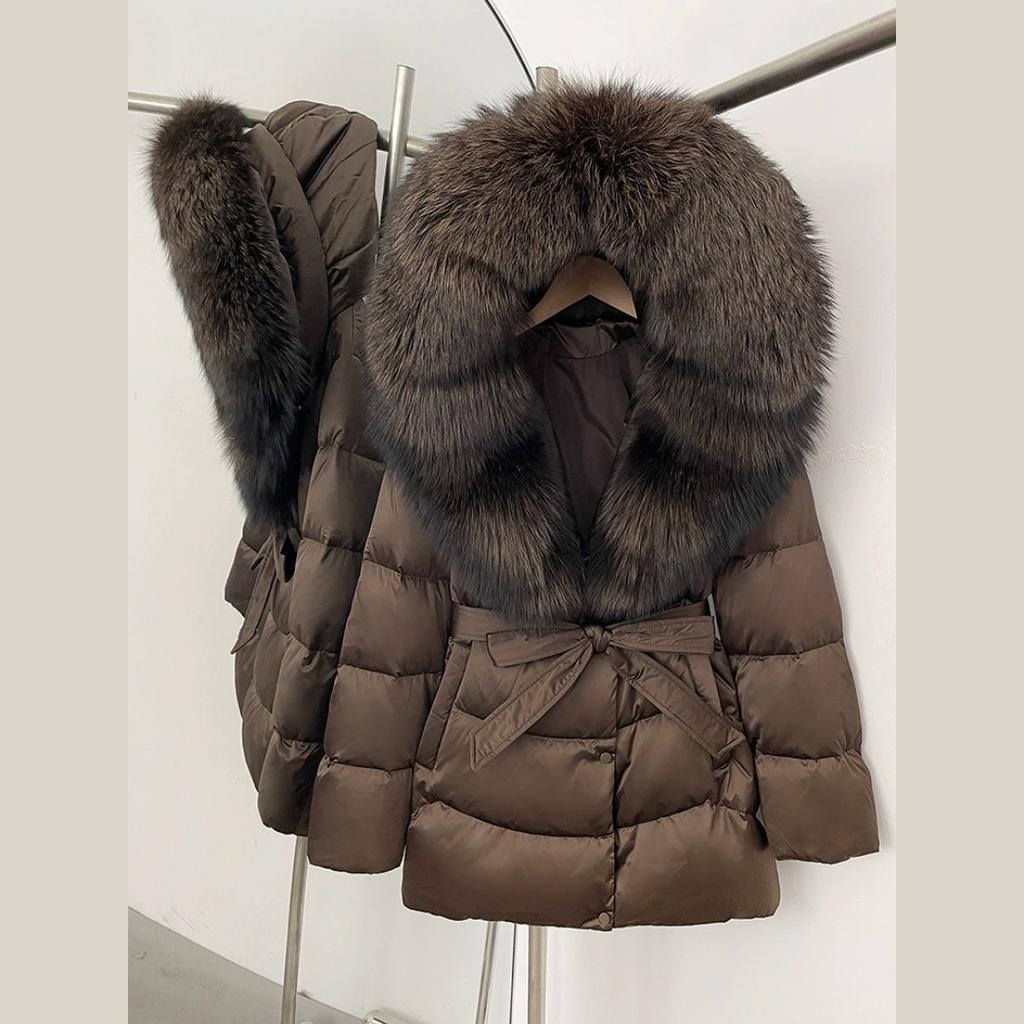 Winter Fox Big Fur Collar High-end Thickened Down Jacket Women's Mid-length Waist Imitation Leather Jacket
