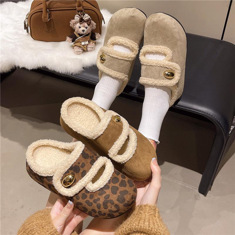 Retro thick-bottomed fluffy slippers for women's outer wear 2025 new winter velvet warm bag head half-drag one-pedal cotton drag