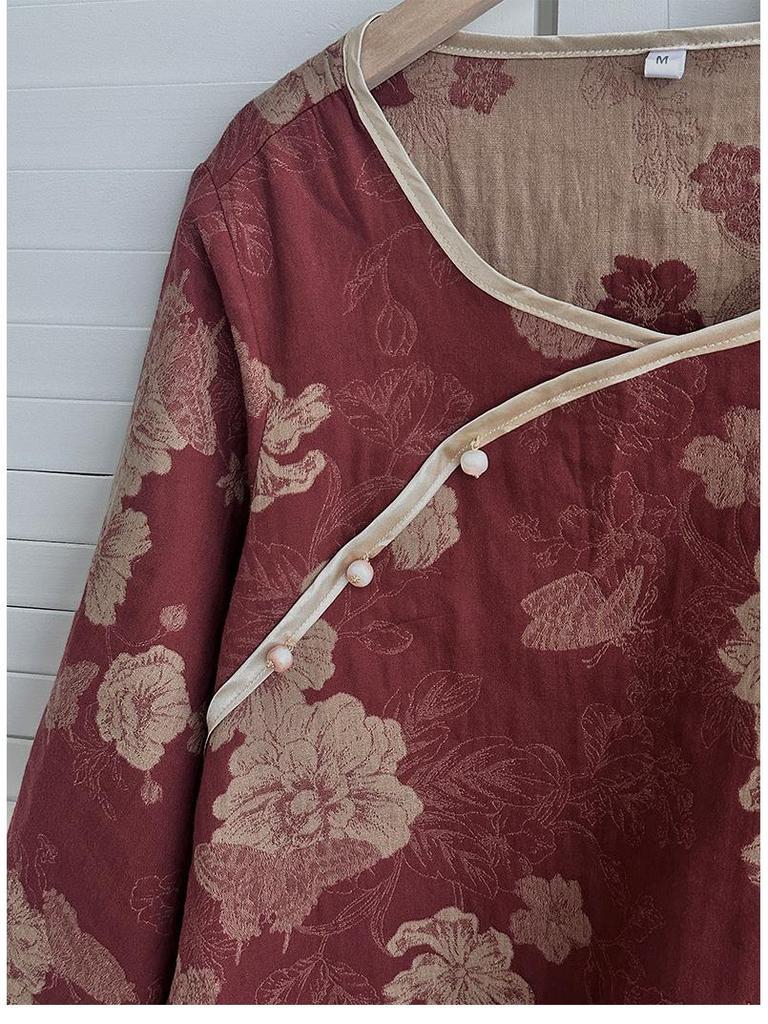 Women's Retro Chinese-Style Cotton Pajama Set: Long-Sleeve, Double-Layered Gauze, Oblique Lapel (Spring/Autumn)