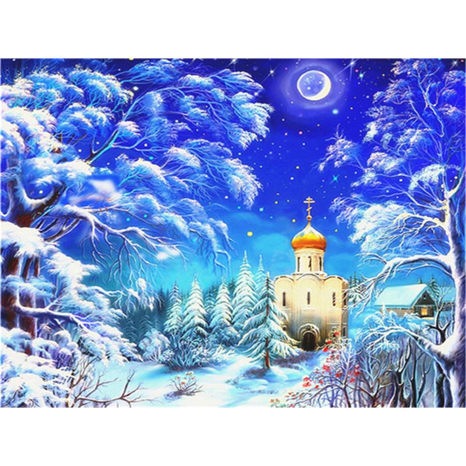 5D DIY Diamond Painting Landscape Winter House Full Round Rhinestone Embroidery Cross Stitch Kit Mosaic Picture Decoration Gift