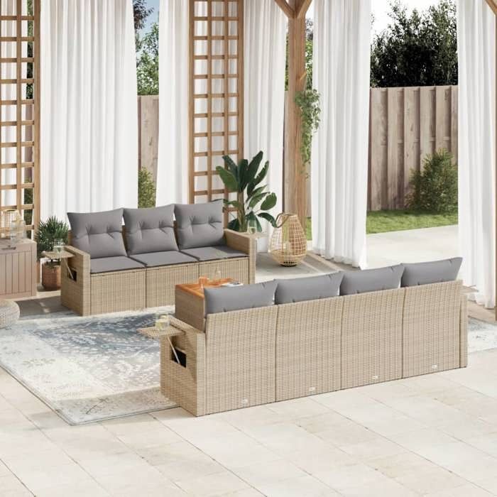 VidaXL Salon de Jardin avec Coussins 8 pcs, Canapés de Terrasse, Ensemble de Meubles de Patio, Mobilier d'Extérieur, Beige 3224470