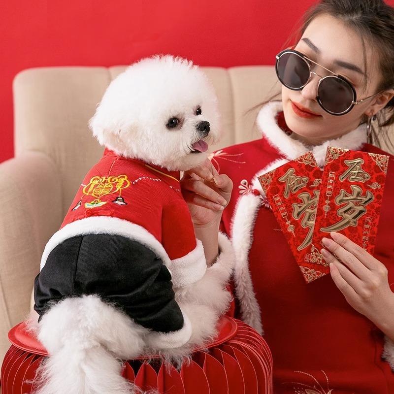 Clothing Autumn and Winter Gold Lock Embroidered Plate Buckle New Year's Four-legged Cotton-Padded Clothes Medium and Small Dog Teddy Pet Dog Clothes