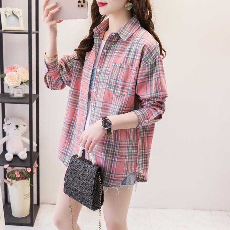 Camisa holgada de manga larga a cuadros para mujer, estilo coreano, chaqueta informal y versátil para estudiantes para primavera y otoño, talla grande, algodón